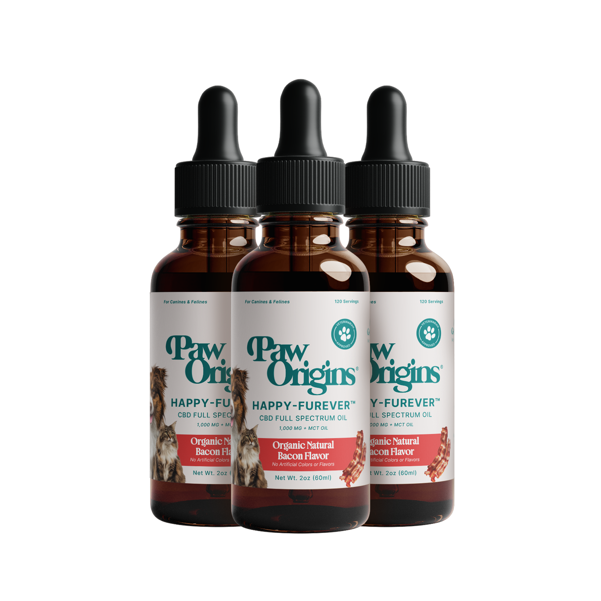Three bottles of Full-Spectrum (1,000mg) Happy-Furever® CBD Oil for pets, organic natural bacon flavor with dropper lids and dog images—ideal CBD oil to support joint mobility and wellness in dogs.(variant-image)