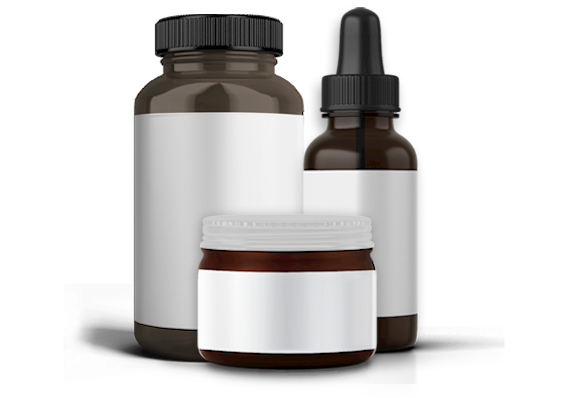 Three brown glass containers with blank white labels: a large bottle with a black screw cap, a smaller jar with a white lid, and a dropper bottle with a black cap, all on a white background.