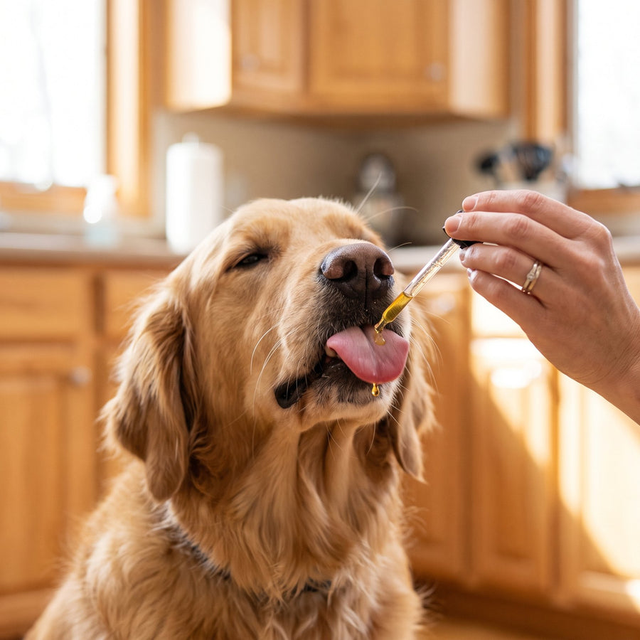 Golden retriever getting a dropper of Happy-Furever Oil