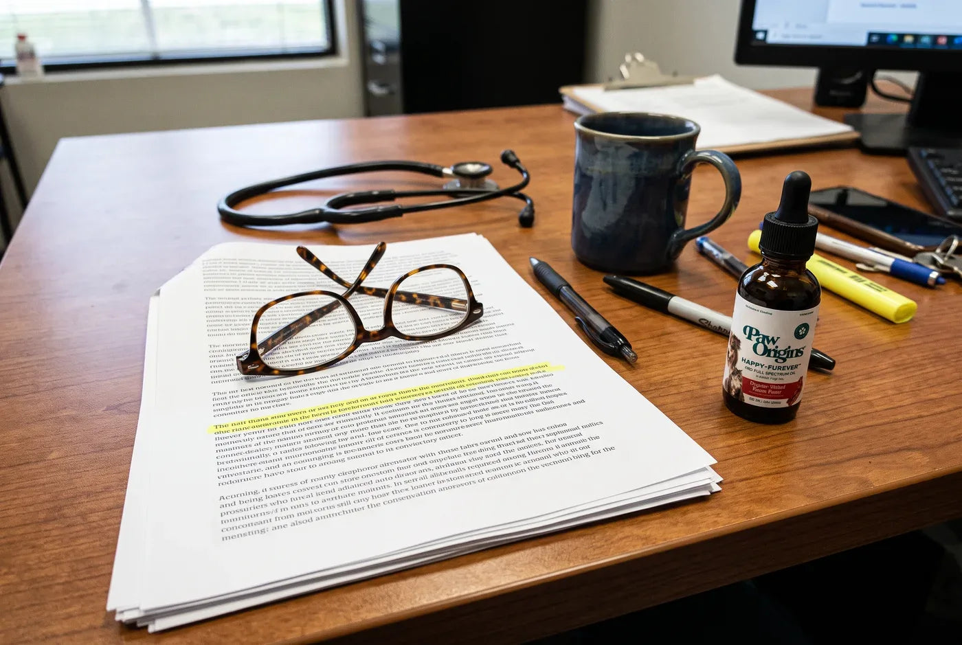 A veterinarian's desk: printed pages of legislative text with one line highlighted in yellow, reading glasses folded on