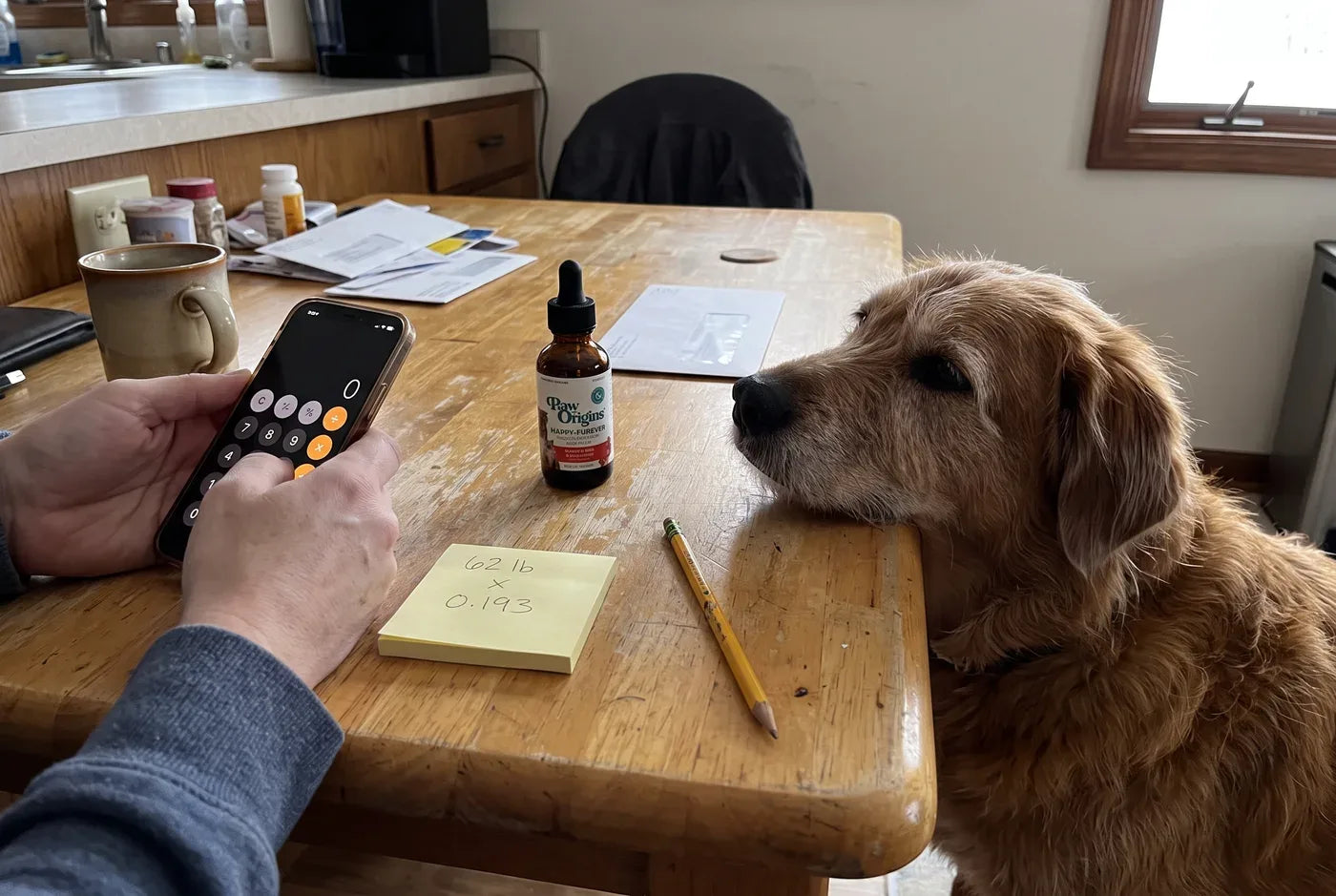 An owner at a kitchen table with a phone calculator, a pencil and a sticky note reading