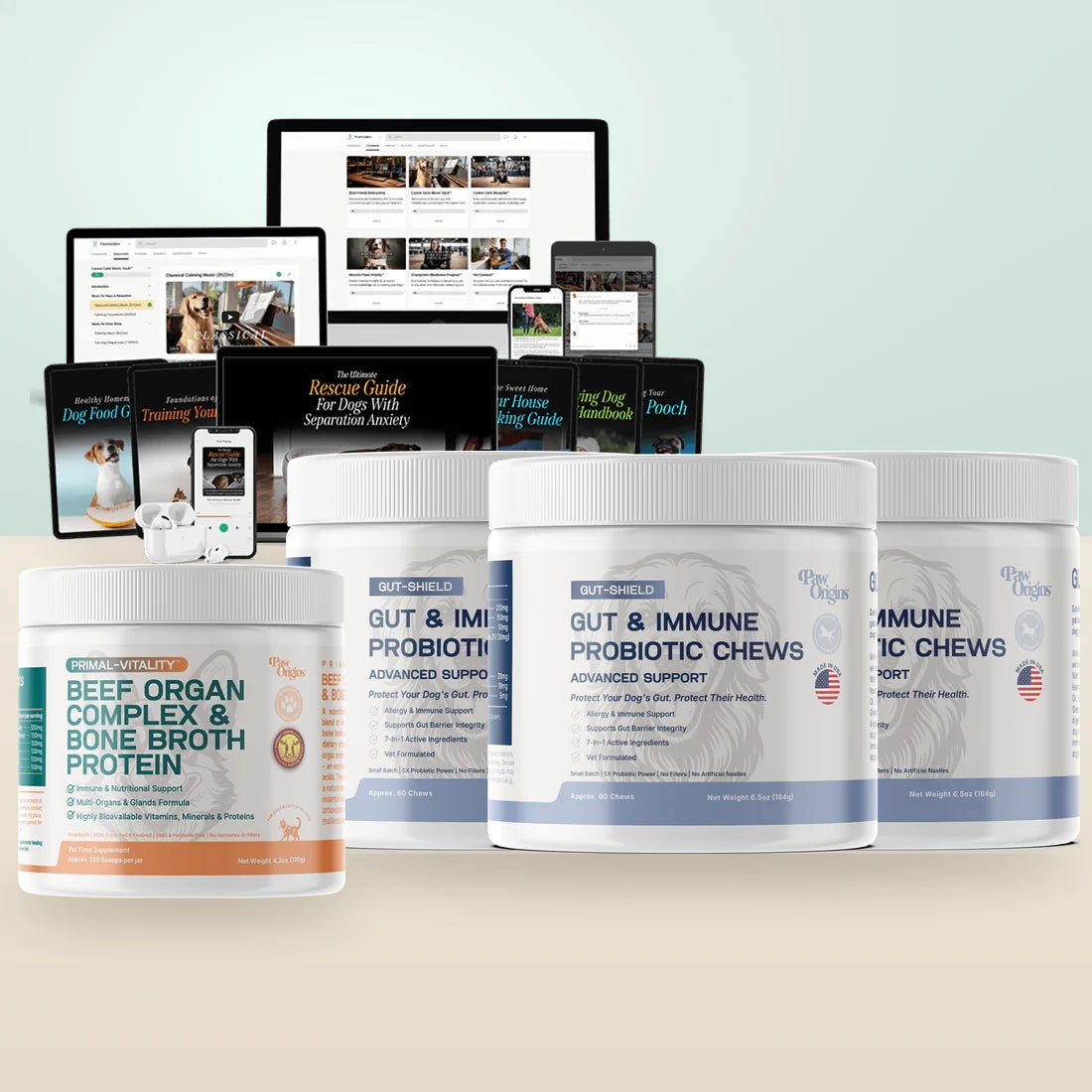 Three jars of Gut-Shield Probiotic Chews with the free Pack Leader Resources and Primal-Vitality gifts