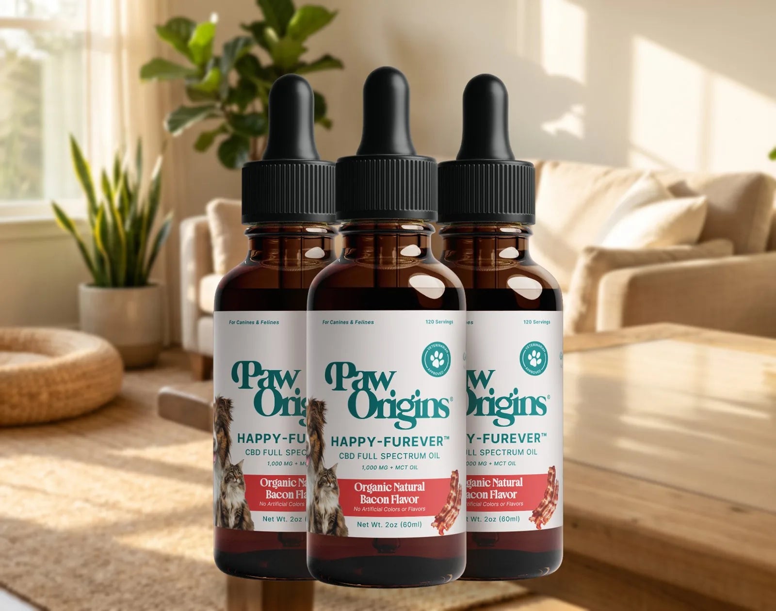 Three bottles of Happy-Furever Oil on a table