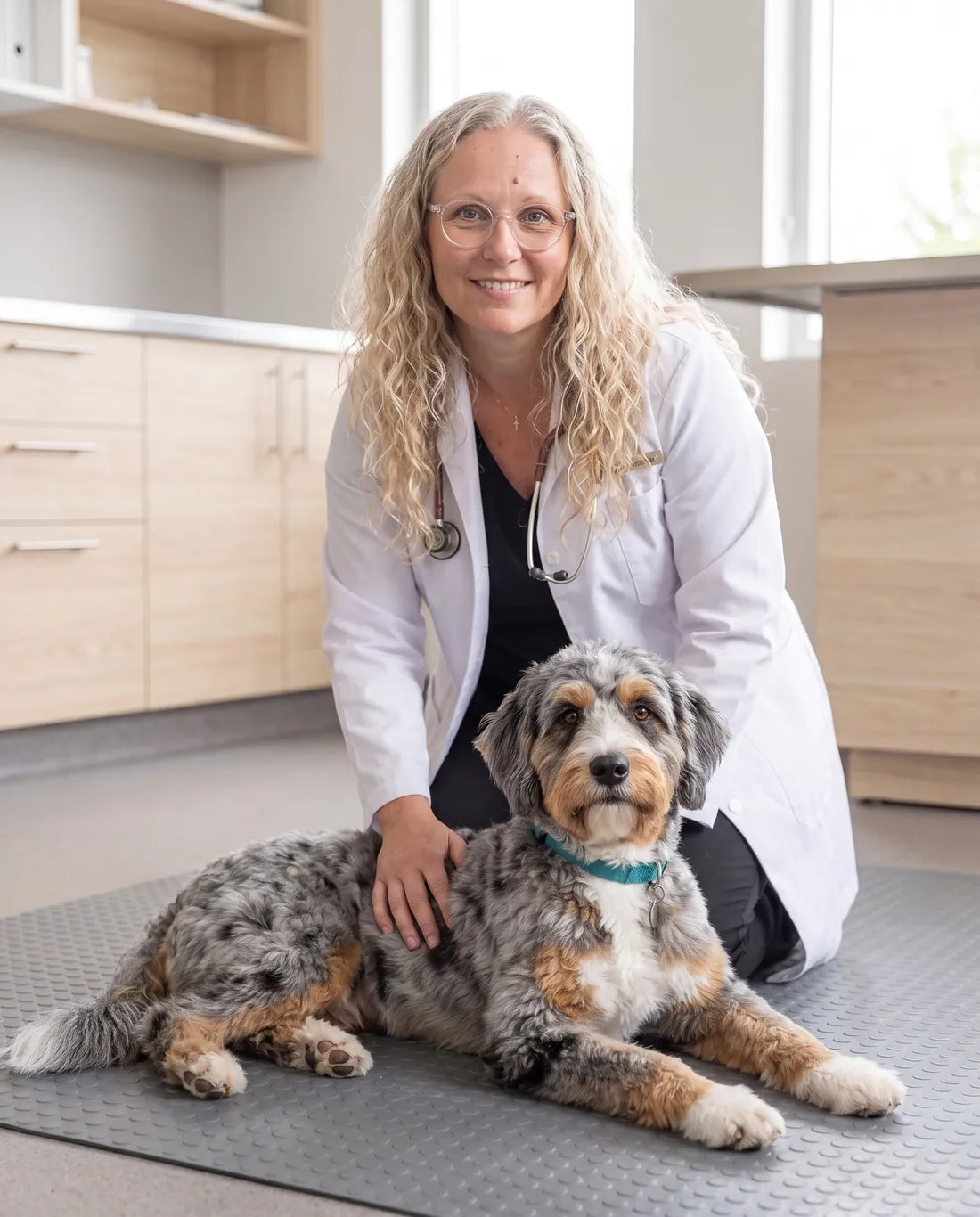 Cambridge veterinarian Dr. Kathryn Dench kneeling beside a blue merle Aussiedoodle in a teal collar on a clinic exam mat