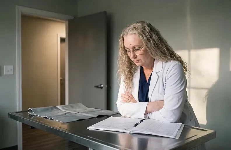 Dr. Kathryn Dench reading research notes at a clinic table