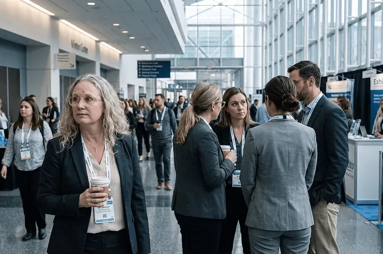 Dr. Kathryn Dench walking through a veterinary conference hall