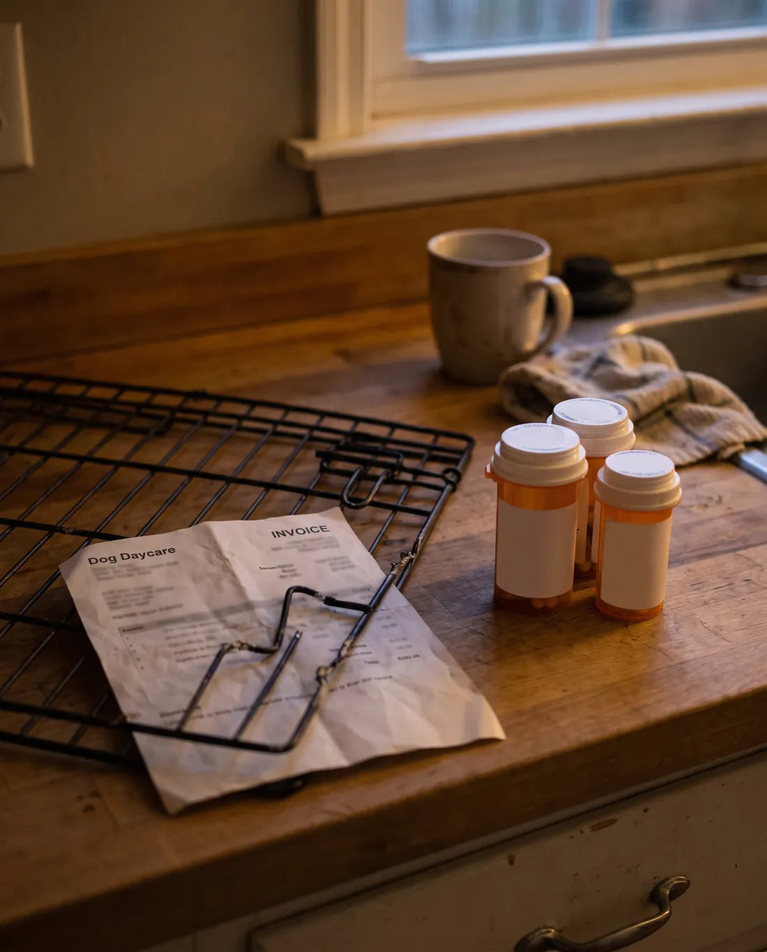 A dog daycare invoice, a chewed wire crate door and prescription pill bottles on a kitchen counter