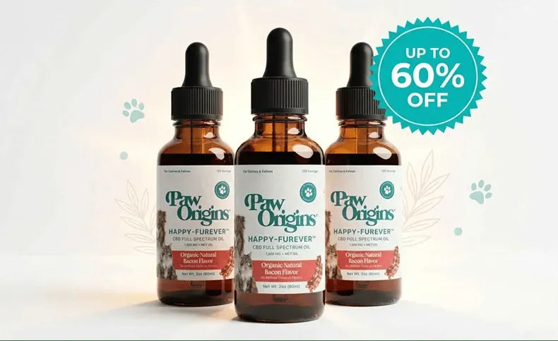 Three bottles of Happy-Furever® Oil with an up to 60% off badge