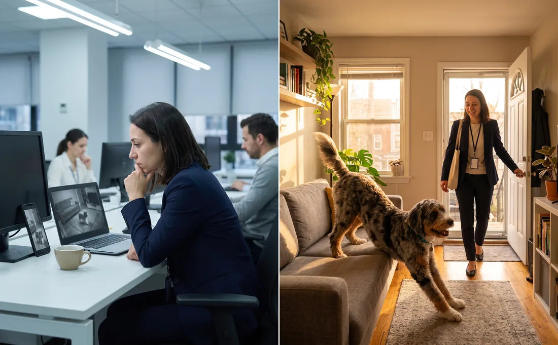 Left: a young woman at her office desk anxiously watching a pet camera on her phone. Right: the same woman walking in her front door as her blue merle Aussiedoodle stretches off the couch