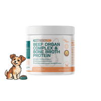 A container of Primal-Vitality™ Beef Organ Complex & Bone Broth Protein (Online Only Offer) sits next to a happy illustrated dog with a bowl of kibble, product details clearly shown on the label.