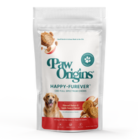 A white and red pouch labeled Full-Spectrum (939mg) Happy-Furever® CBD Chews for Dogs, almond butter & apple sauce flavor, features a golden retriever, paw print logo, cookies, almonds, and Full-Spectrum Hemp Oil images.