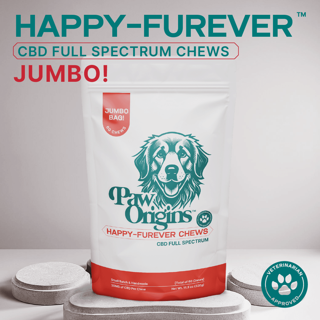 Paw Origins Happy-Furever™ Jumbo Full Spectrum CBD Chews for Dogs, 60-count, vet-approved.