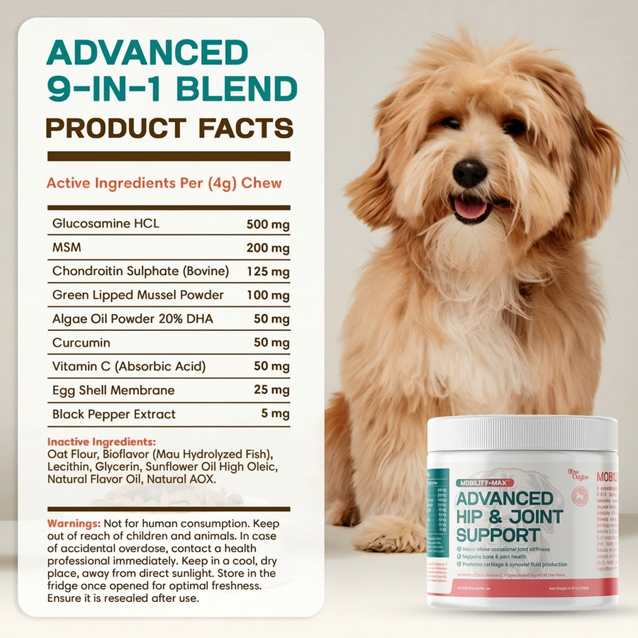 A happy, fluffy dog sits by a container of Mobility-Max™ Advanced Hip & Joint Support Chews, which help promote dog joint health. The image highlights active ingredients such as glucosamine, MSM, and chondroitin.