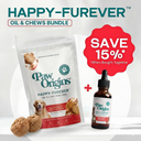 A promo image of the Full-Spectrum (1,600mg) Happy-Furever™ Oil & Chews Value Bundle for dogs, with USA-grown hemp. Shows a bag of chews and a dropper bottle plus text offering 15% off when purchased together.