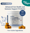 A container of Gut-Shield - Advanced Gut Health & Immune Support Probiotic Chews for dogs is shown with illustrated chews, a smiling dog illustration, and highlights like 7-in-1 active ingredients and probiotics for allergy relief and gut health.