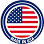 A circular badge with the American flag inside, surrounded by blue and white rings, and the text MADE IN USA at the bottom.