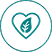 A teal line drawing of a heart with a leaf inside, encircled by a thin teal ring, symbolizing eco-friendliness or environmental care.