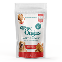 A white pouch of Jumbo Full-Spectrum (1,200mg) Happy-Furever® CBD Chews for dogs in Almond Butter & Apple Sauce flavor, with a golden retriever, chews, and ingredient illustrations on the front.