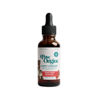 A brown glass dropper bottle labeled Happy-Furever® Full-Spectrum (1,000mg) CBD Oil for Cats, with an organic natural bacon flavor. The 2oz (60ml) label features a cat image and bacon graphic.