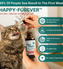 A person gives liquid drops from a dropper to a tabby cat’s mouth. In the foreground is a bottle labeled “Full-Spectrum (1,000mg) Happy-Furever™ CBD Oil - For Cats” with icons and text highlighting its features.