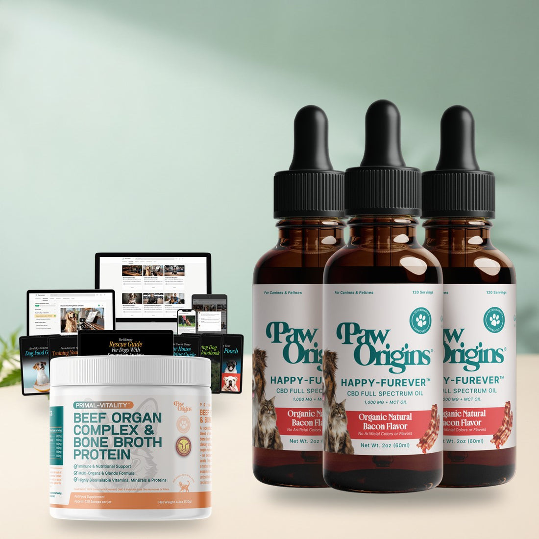 Three bottles of Happy-Furever Oil with the free Primal-Vitality jar and the Pack Leader Resources