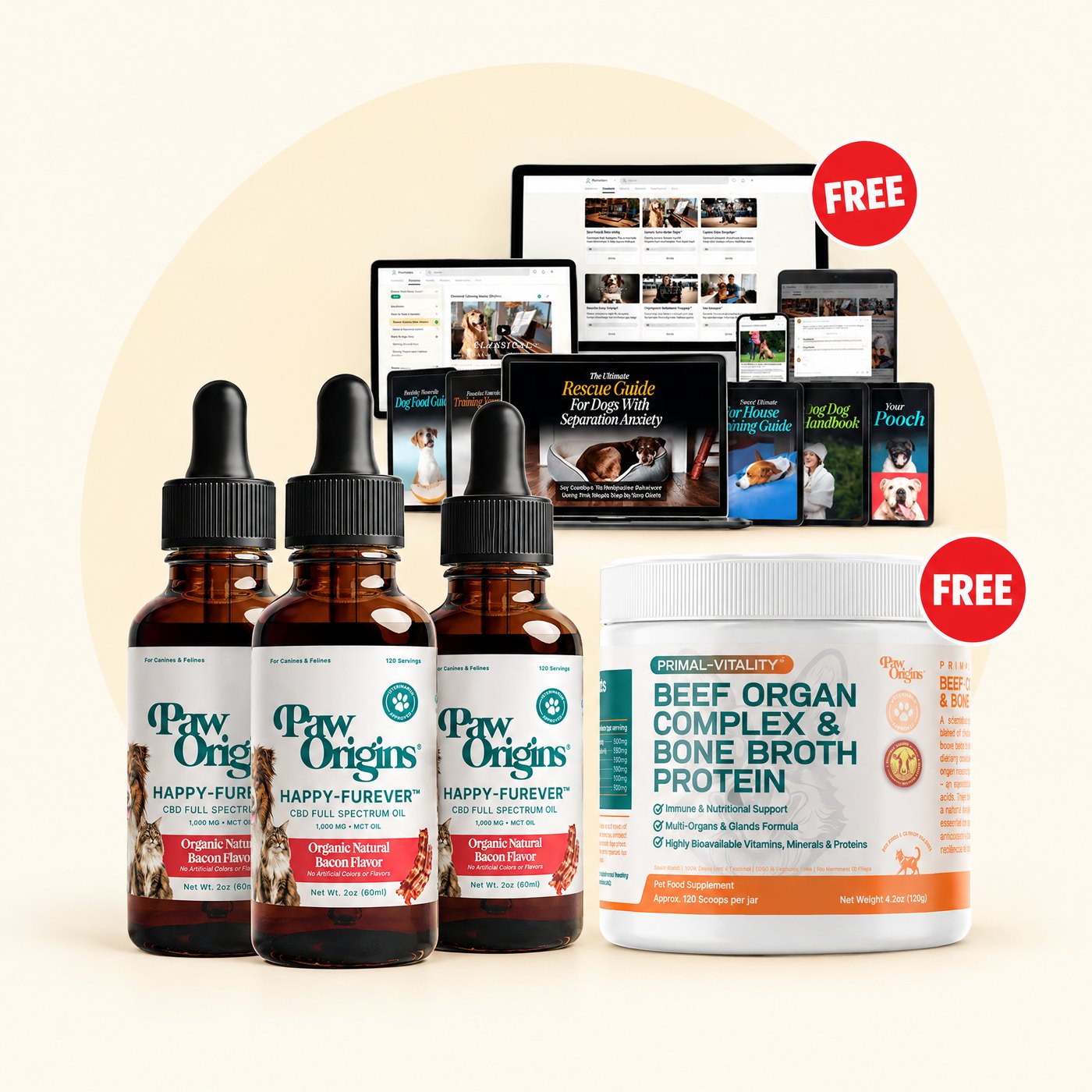 3 bottles of Happy-Furever Oil with the free Primal-Vitality topper and Pack Leader Resources
