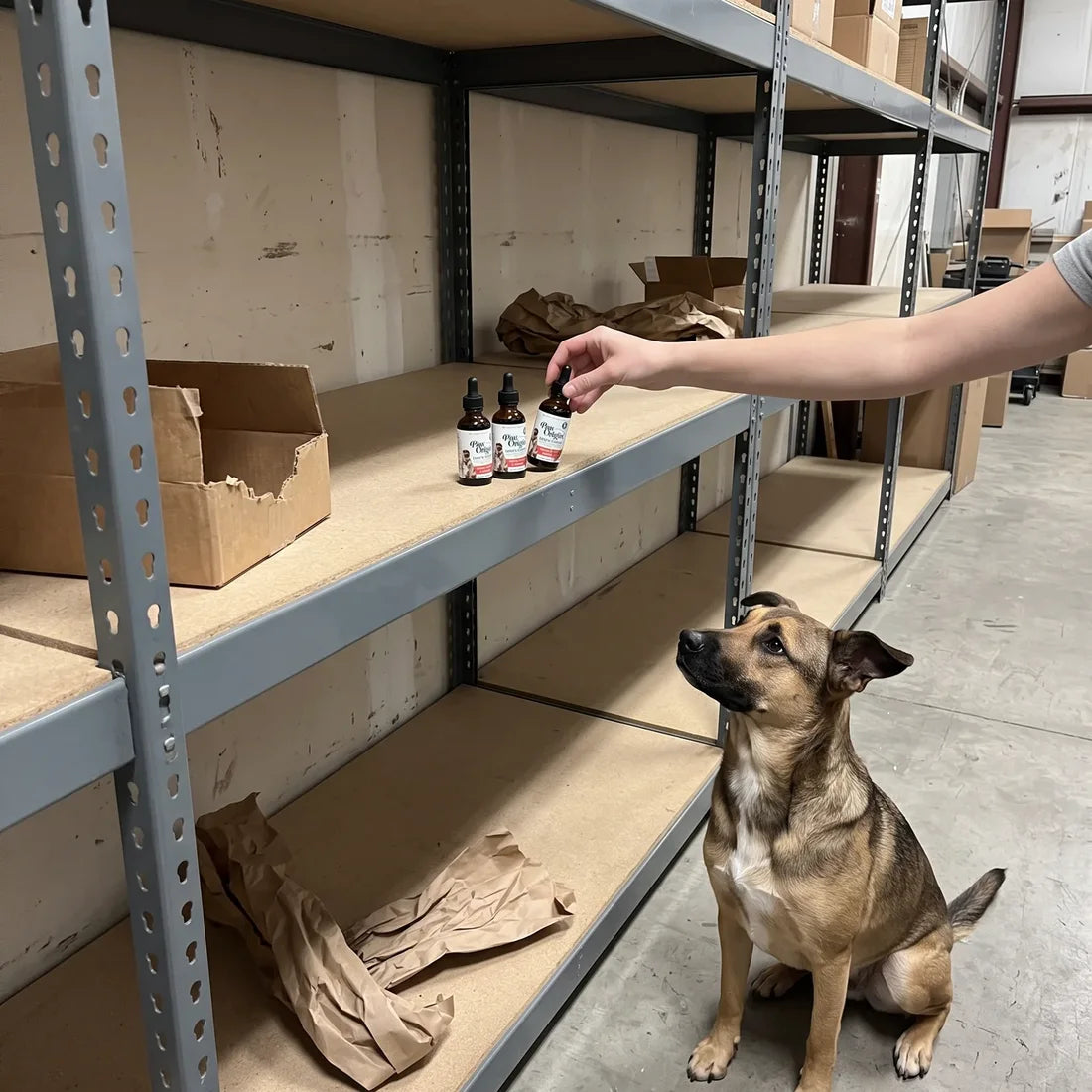 The last bottles of Happy-Furever Full-Spectrum on an emptied stockroom shelf