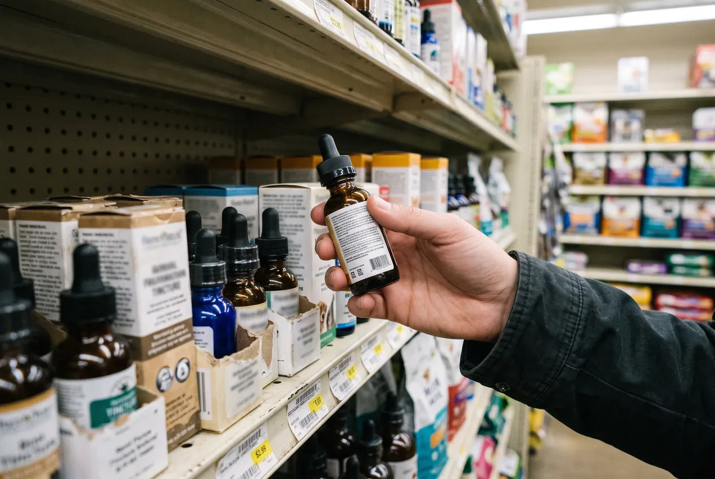 A pet-store shelf of assorted CBD bottles, one owner's hand turning a bottle to read the back label; neutral daylight, p