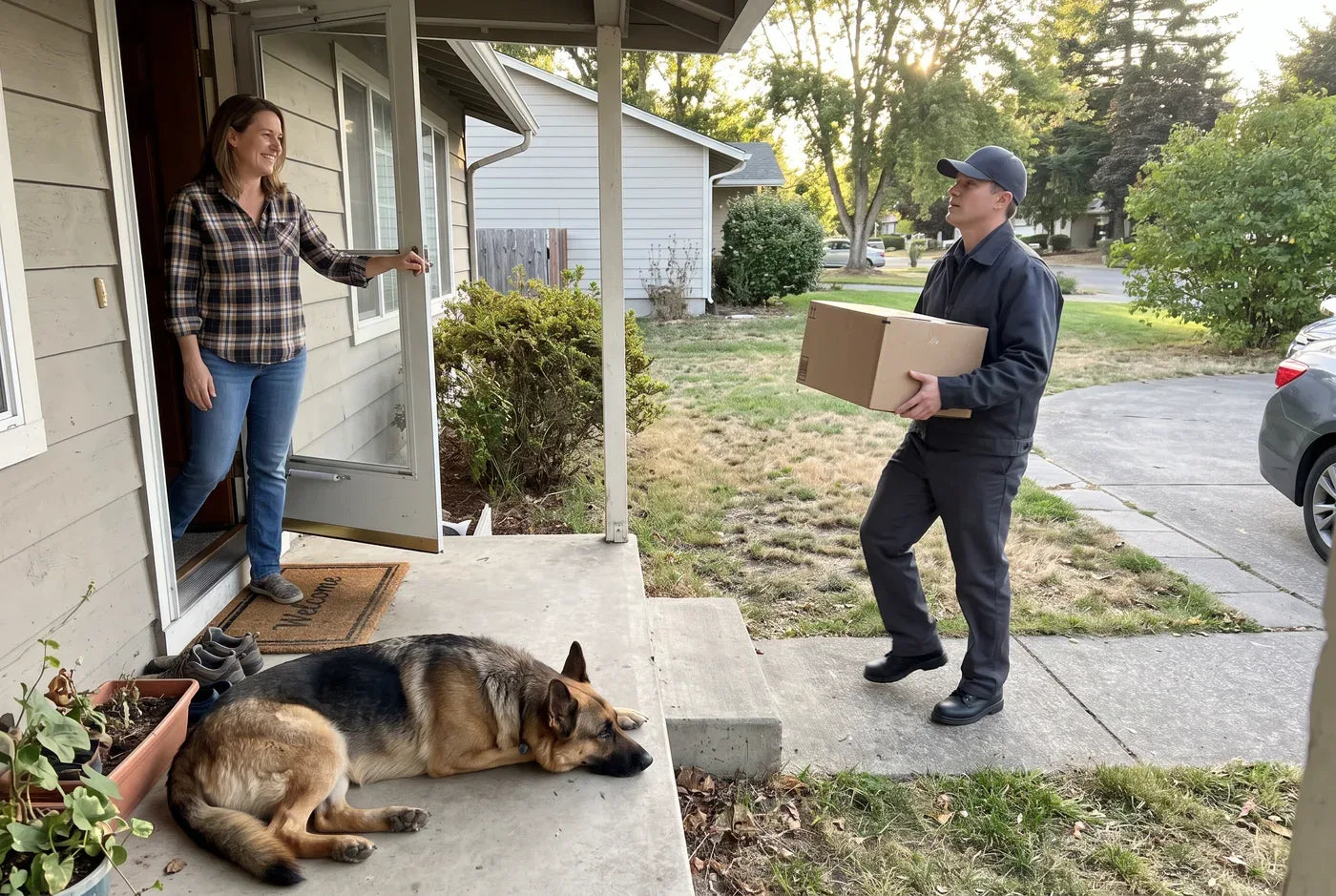 A German Shepherd lying relaxed on a porch while a delivery driver walks up the path with a box, owner smiling from the 