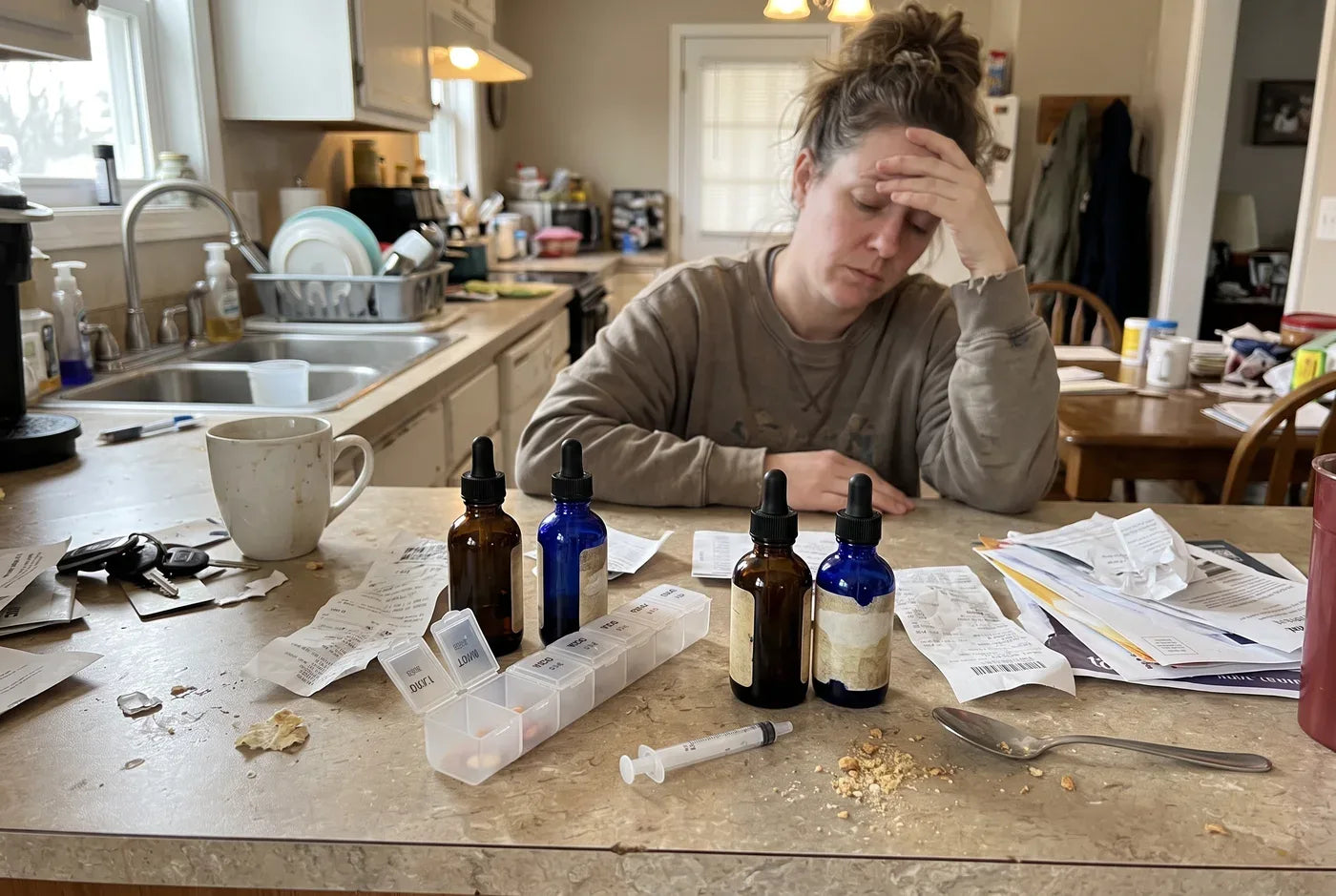 A cluttered kitchen counter of half-used pet calming products: several different CBD bottles, a pill organizer, a receip