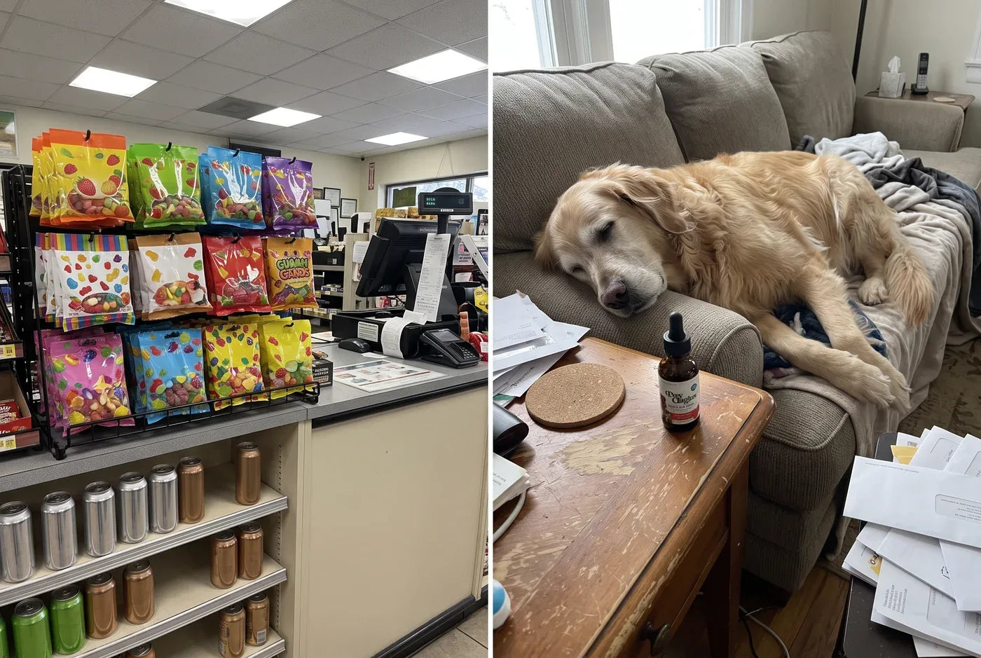 Photographic split image: left, a colorful pile of gummy candies and canned drinks on a convenience-store counter under 