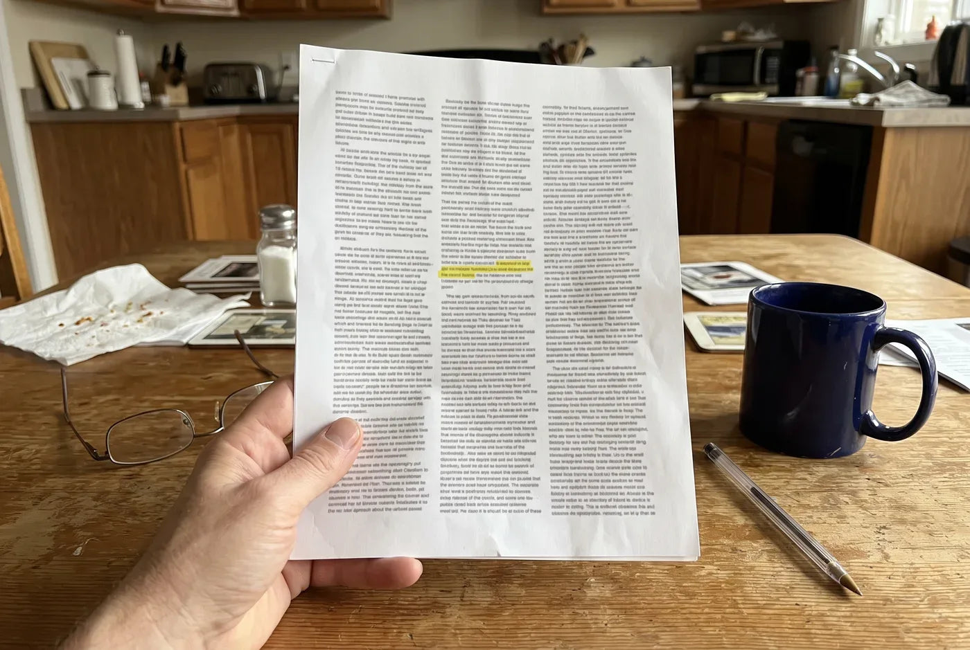 Photographic close-up: a hand holding a printed page of dense legislative text with one line highlighted in yellow marke