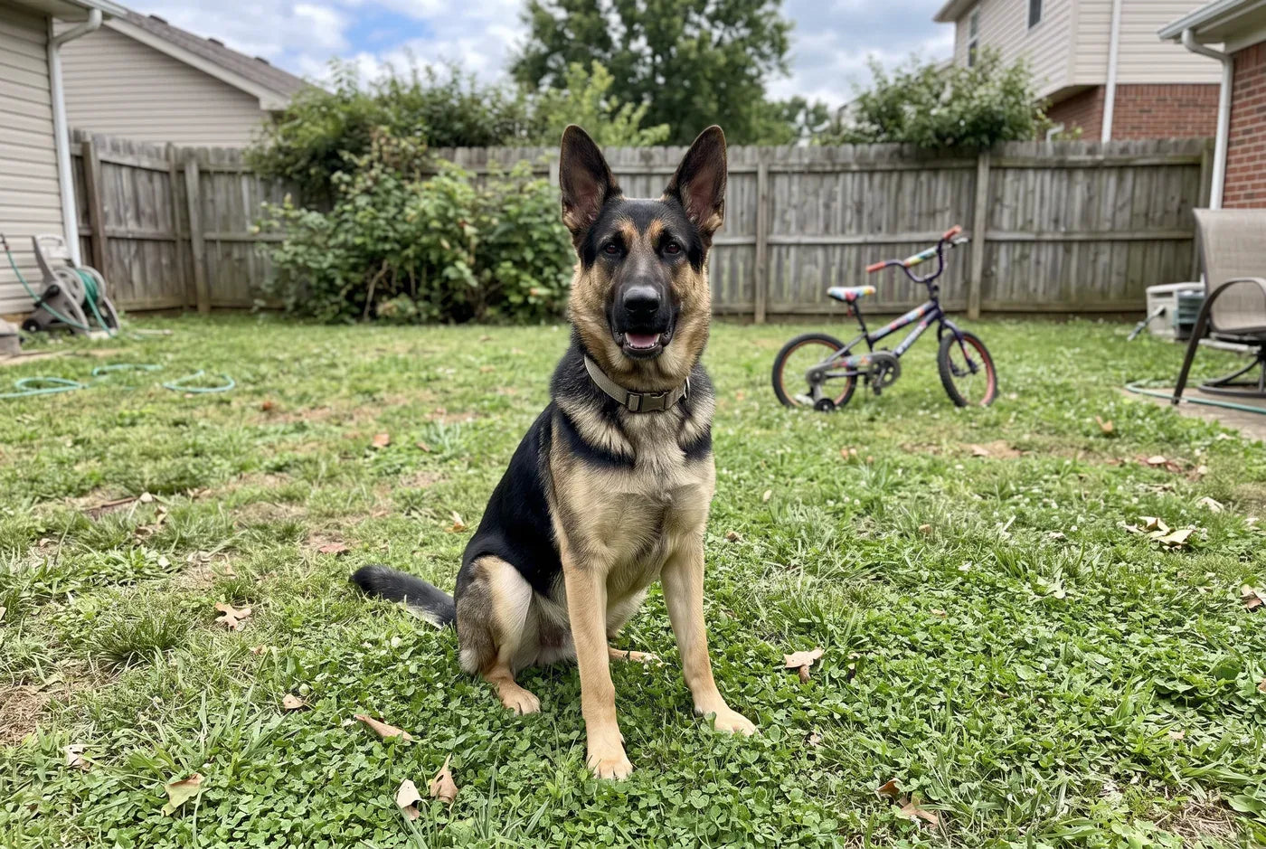 Photographic: an alert, relaxed German Shepherd sitting in a sunny backyard, ears up, mouth soft, looking at the camera