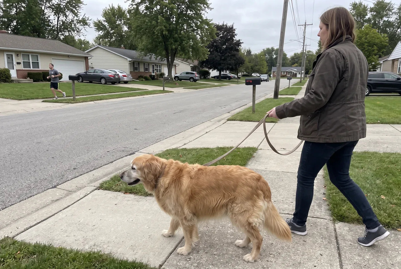 Photographic: a dog walking calmly on a loose leash along a quiet suburban sidewalk, a jogger passing on the other side,