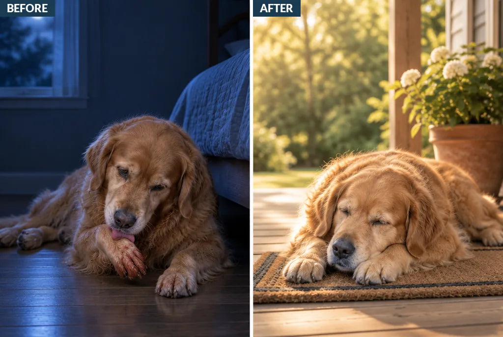 Before: a golden retriever chewing its paw at night. After: the same dog asleep in the sun