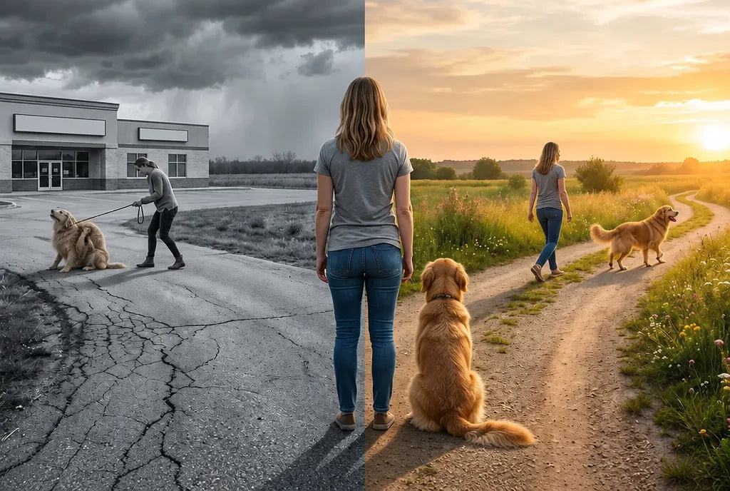 Two paths: a grey road to the vet clinic, and a sunny path with a happy golden retriever