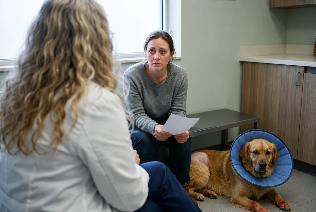 A worried owner in a vet consult room with her golden retriever in a recovery cone