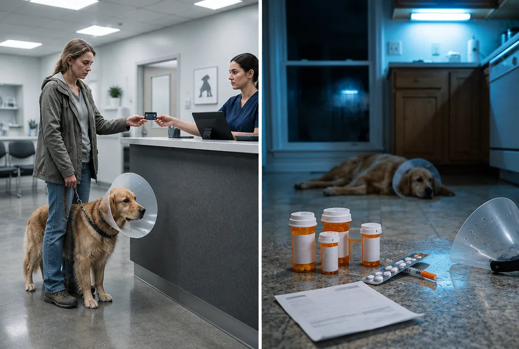 An owner paying at a vet reception desk, and allergy medication on a kitchen counter