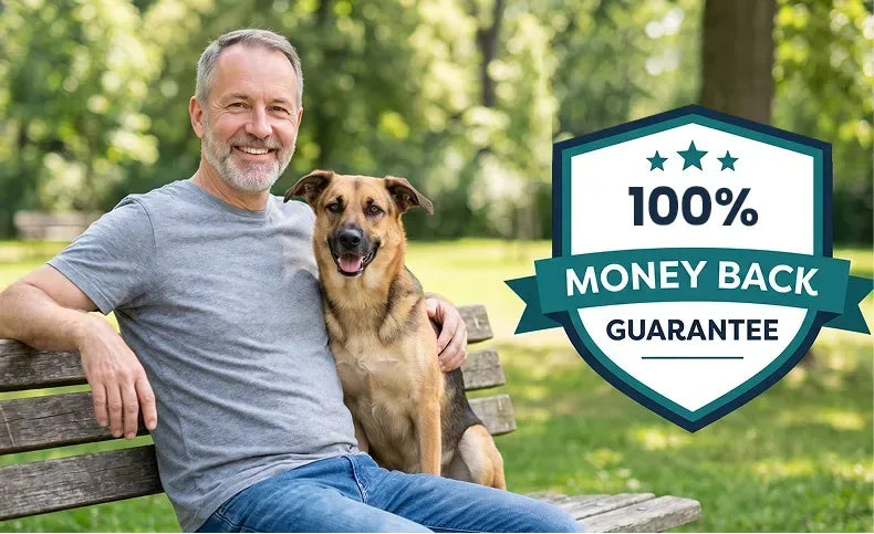 Money-Back Guarantee badge beside a happy owner and his dog