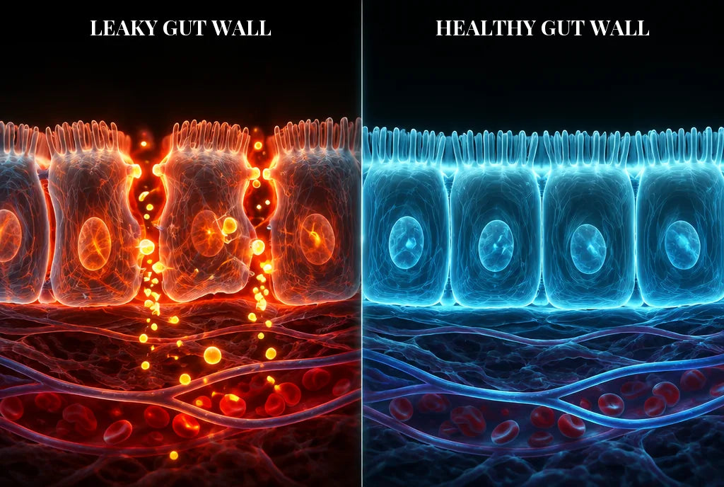 Illustration of a leaky gut wall next to a healthy, sealed gut wall