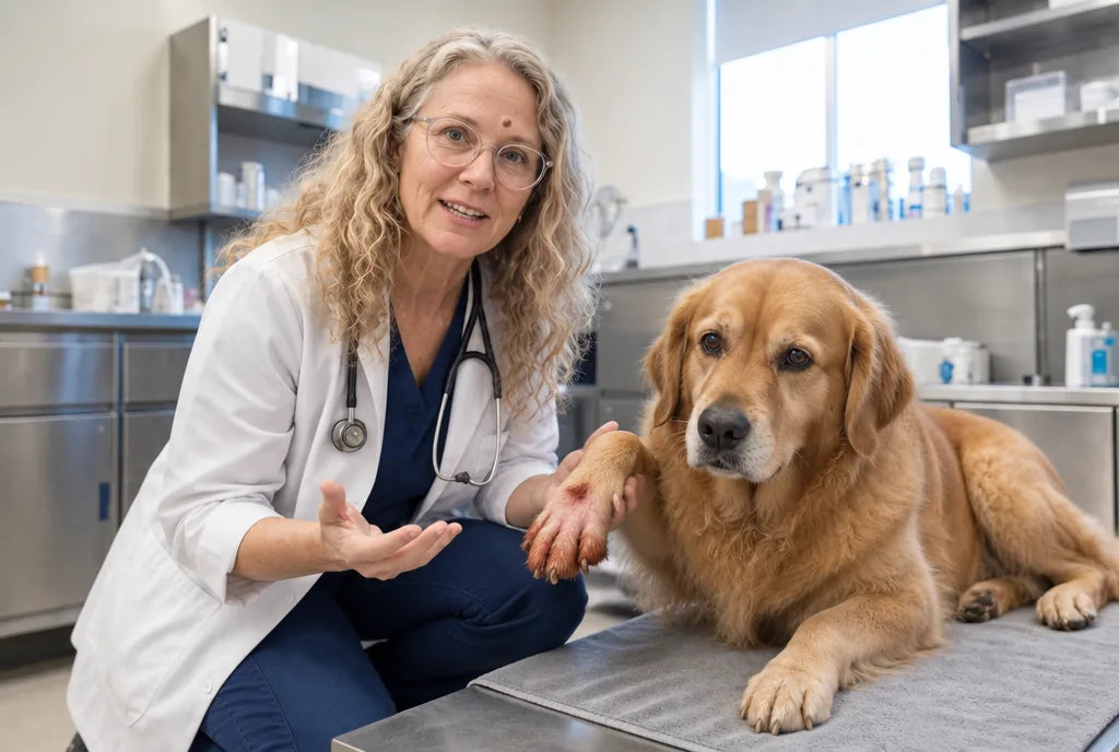 Dr. Kathryn Dench examining the red, licked paw of a golden retriever