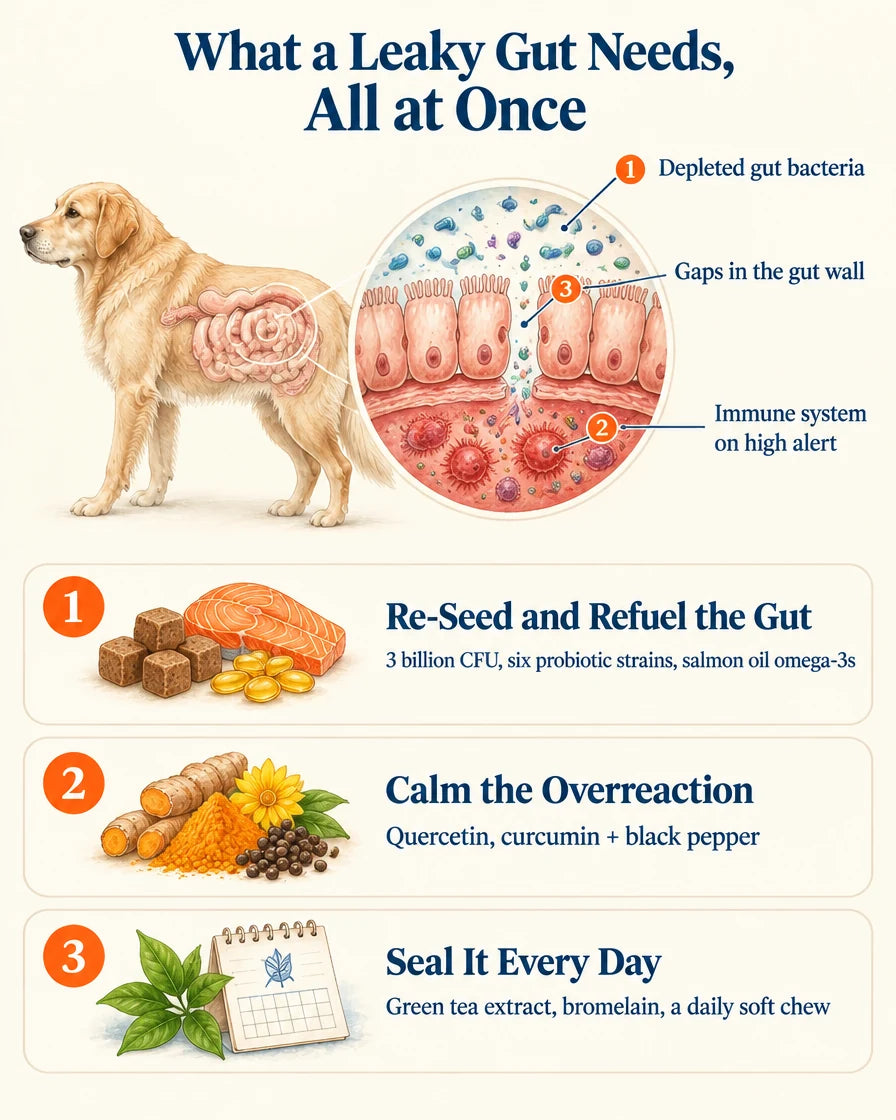 What a leaky gut needs, all at once: re-seed and refuel the gut, calm the overreaction, and seal it every day