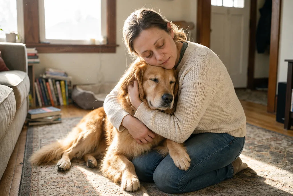 A woman hugging her golden retriever at home