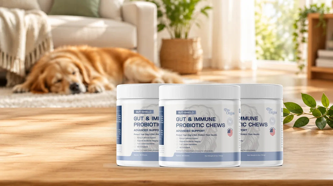 Three jars of Gut-Shield Probiotic Chews on a table with a golden retriever asleep behind them