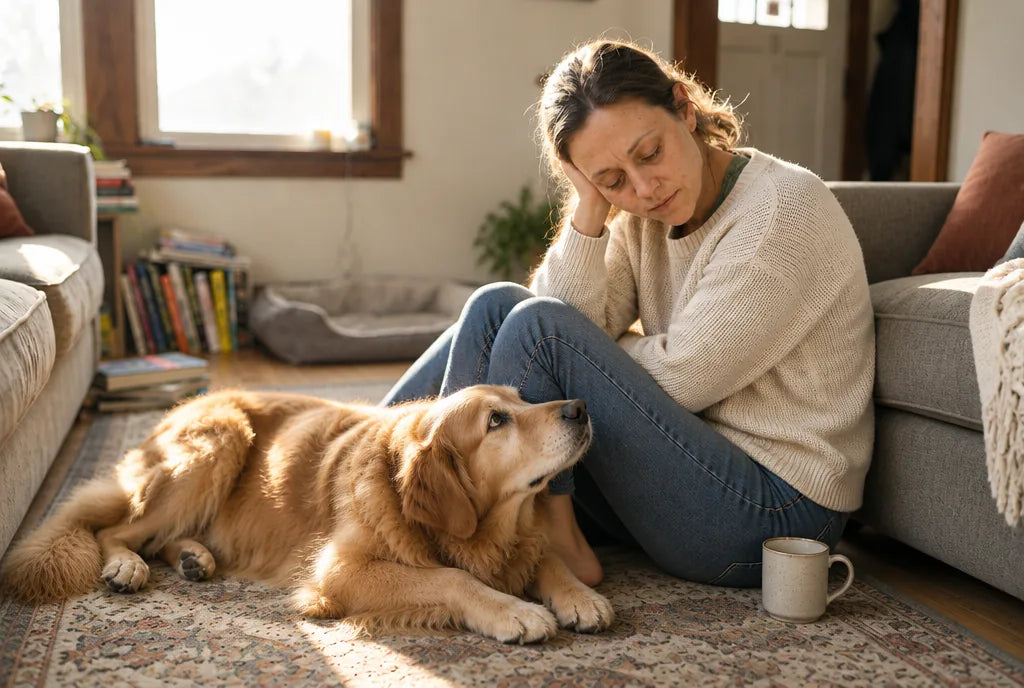 A tired owner sitting on the floor beside her golden retriever
