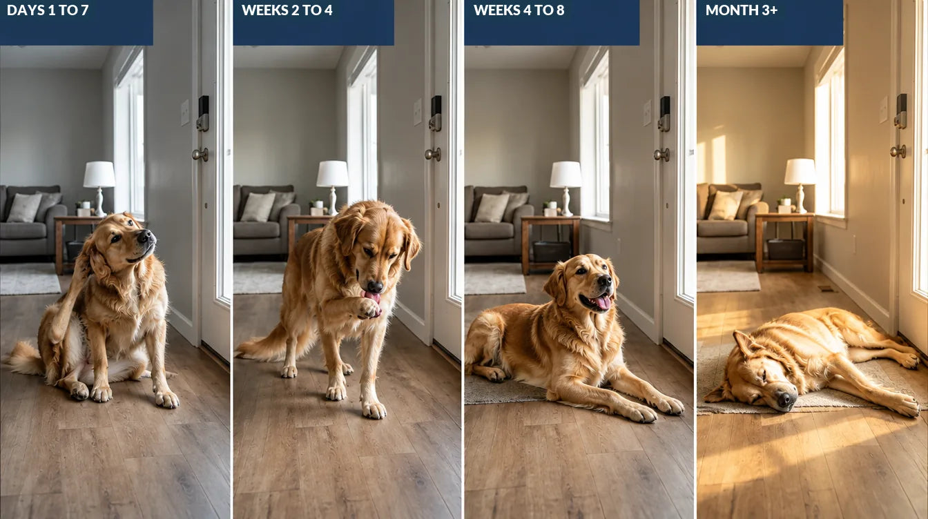 The same golden retriever scratching in week one and asleep and relaxed by month three