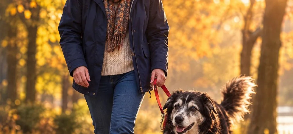 Owner walking a relaxed dog through autumn leaves