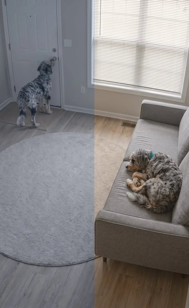 The same dog anxious by the door, then asleep on the sofa