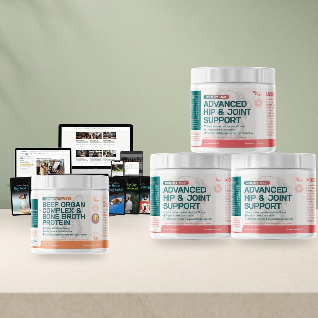 Three jars of Mobility-Max Advanced Hip & Joint Support Chews with the free Primal-Vitality jar and Pack Leader Resources
