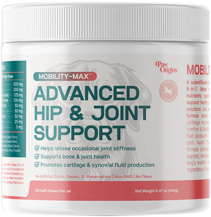 A jar of Mobility-Max Advanced Hip & Joint Support Chews